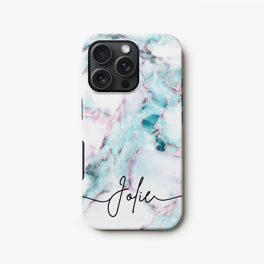 Blue Marble Cursive Name Phone Case iPhone 16 Phone Case