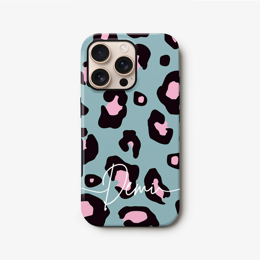 Light Blue and Pink Leopard Print Custom Phone Case iPhone 16 Phone Case