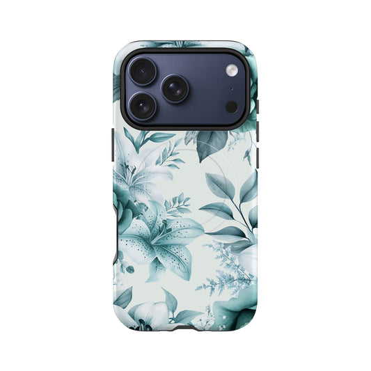 Teal Blue Floral Magsafe iPhone Case