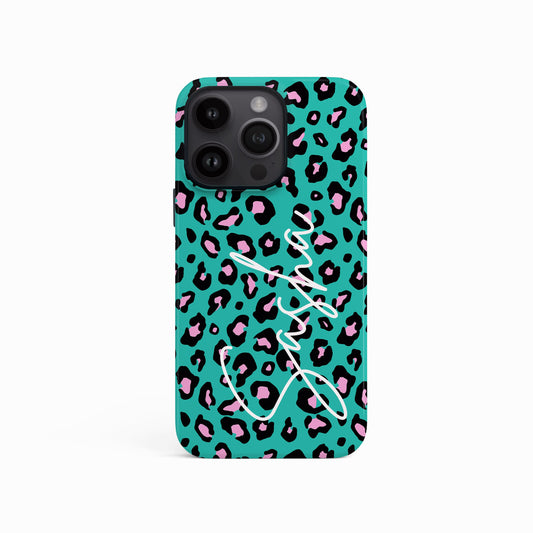 Custom Name Blue Leopard Print Phone Case iPhone 15 Phone Case