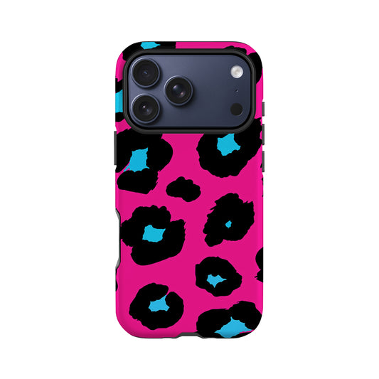 a phone case with a vibrant leopard print design in shades of pink and blue.