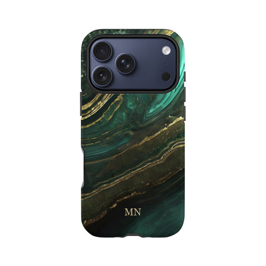 a phone case with a marble-like design in shades of green and gold.