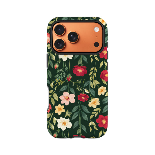 a phone case with a floral pattern on a dark green background.