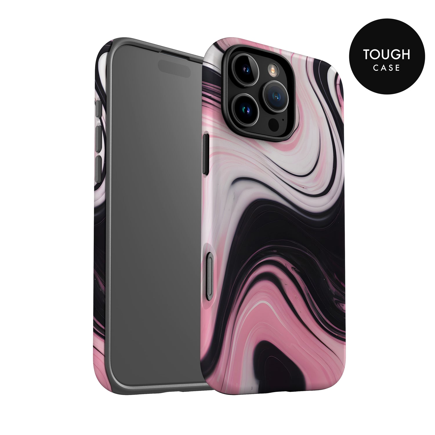 a smartphone case with a pink and black marble-like design.