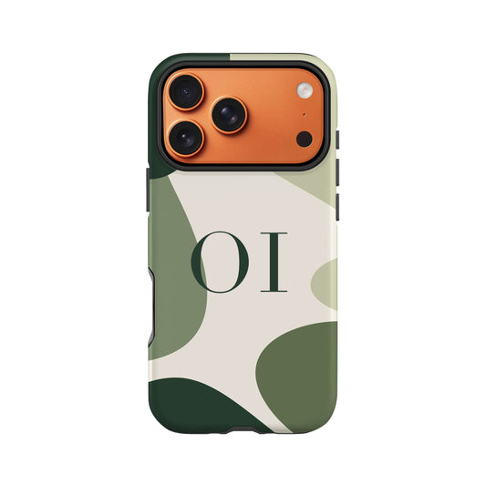 a phone case with a camouflage pattern and a camera lens attached to it.