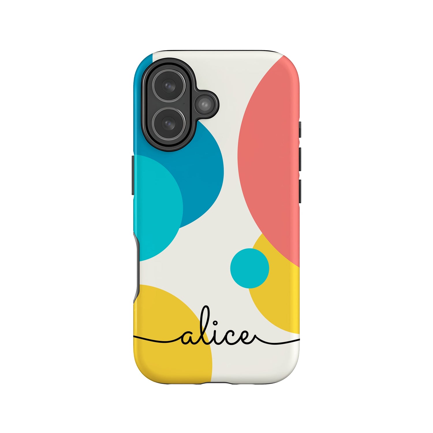 a colorful phone case with a unique design of overlapping circles in various colors, including blue, pink, and yellow. The word "alice" is written in cursive below the design.