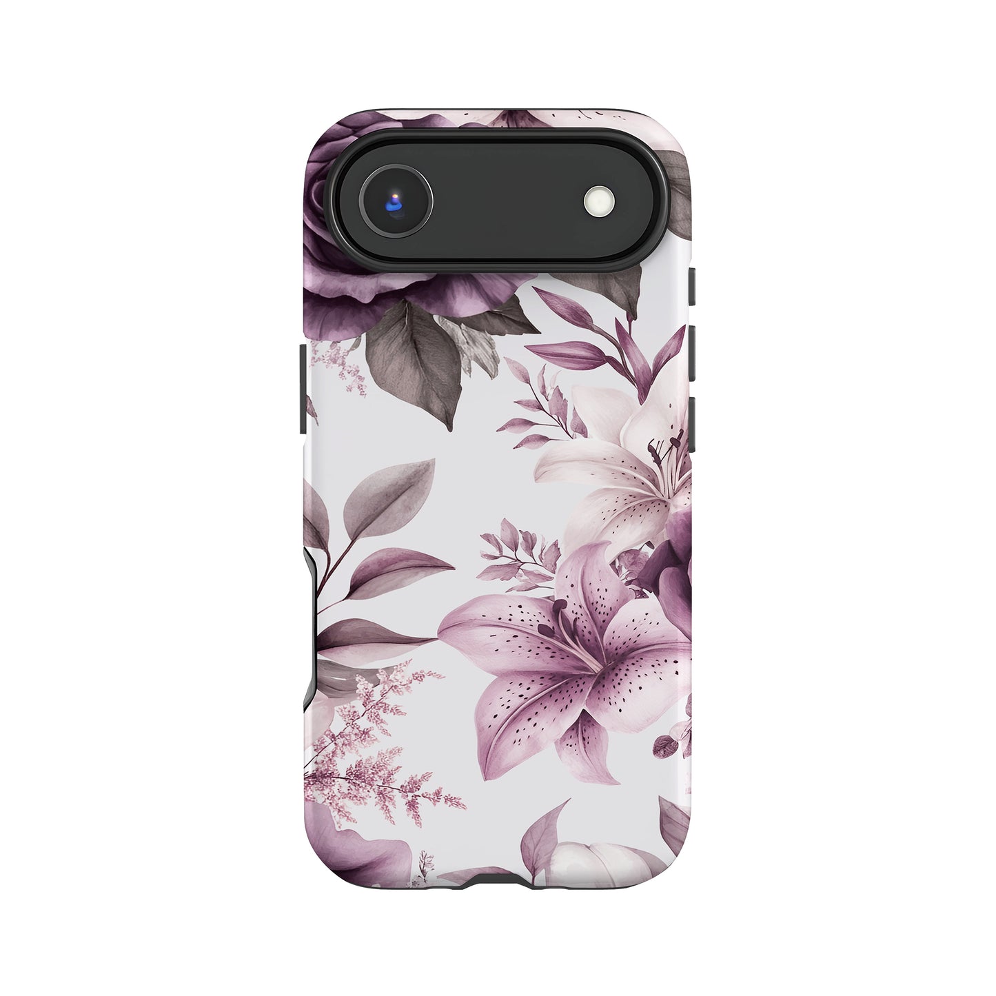 a phone case with a floral pattern, including various shades of purple and pink flowers, leaves, and other natural elements.