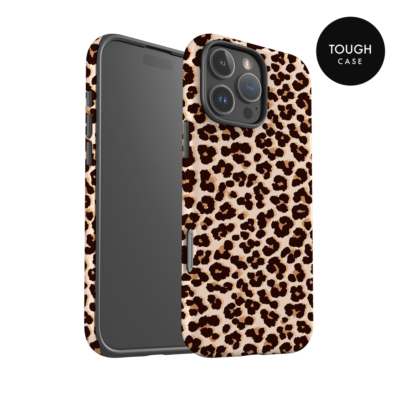 a leopard print phone case with a black background.