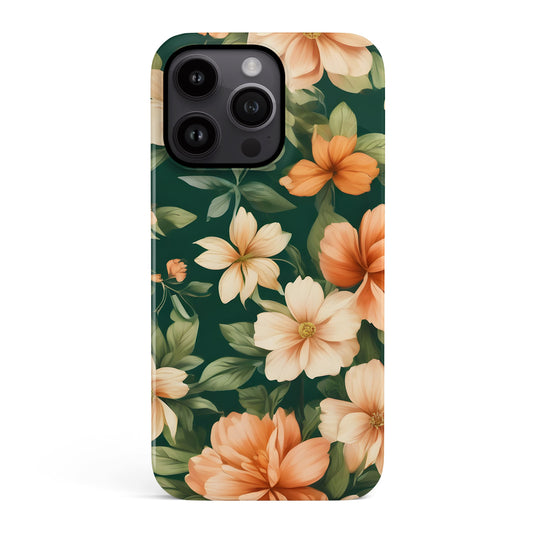 Dark Green Peach Floral Print Case iPhone 15 Phone Case