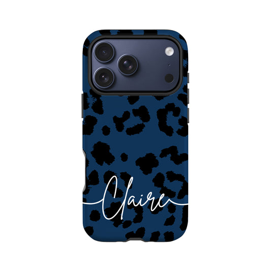 Personalised Navy Leopard Print Case iPhone 17 Pro Phone Case