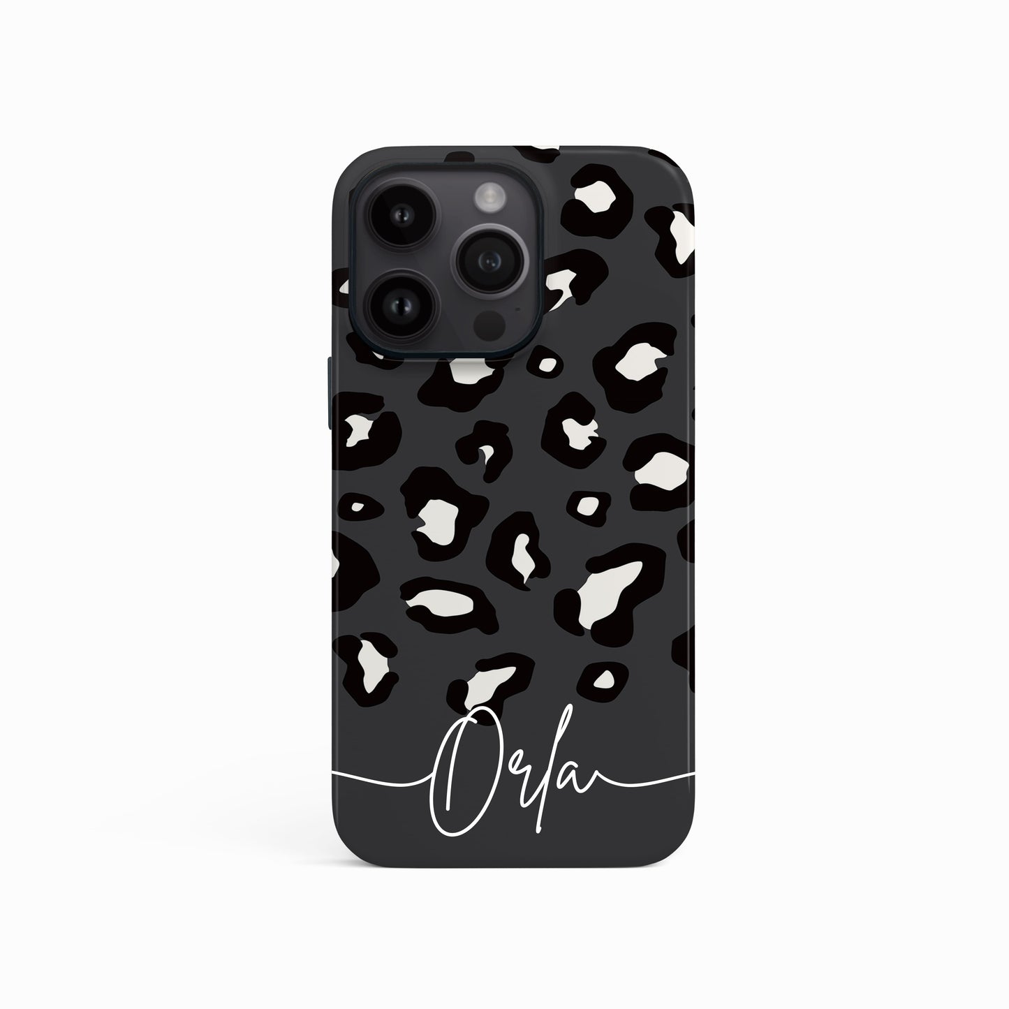 Dark Grey Custom Name Leopard Print Pattern Phone Case iPhone 15 Phone Case