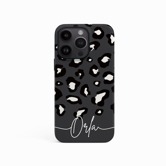 Dark Grey Custom Name Leopard Print Pattern Phone Case iPhone 15 Phone Case