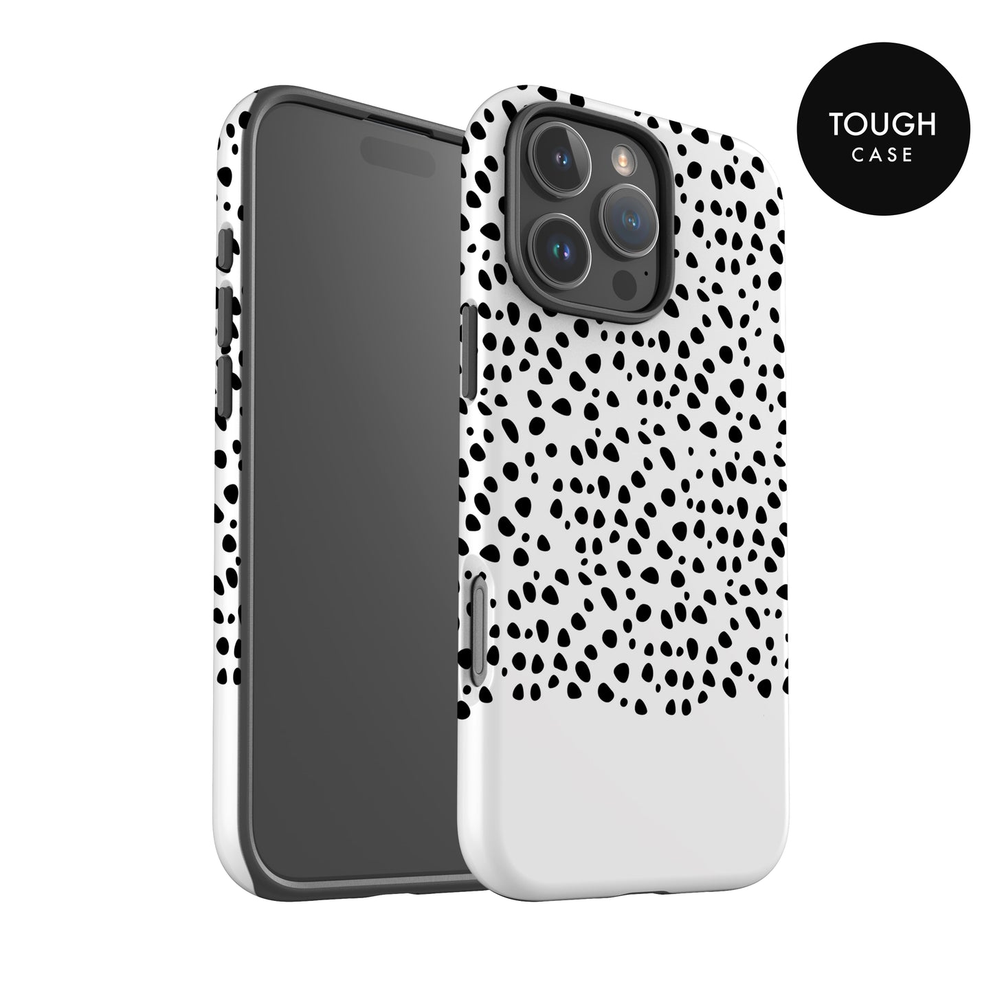 a smartphone case with a black and white polka dot pattern.