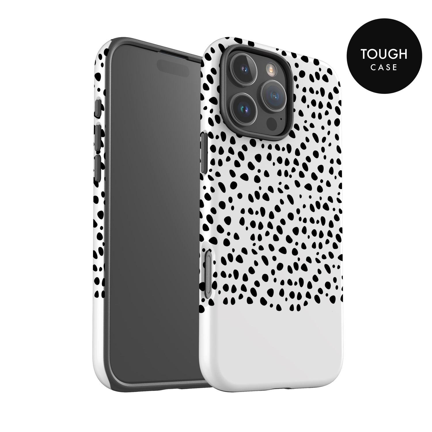 a smartphone case with a black and white polka dot pattern.