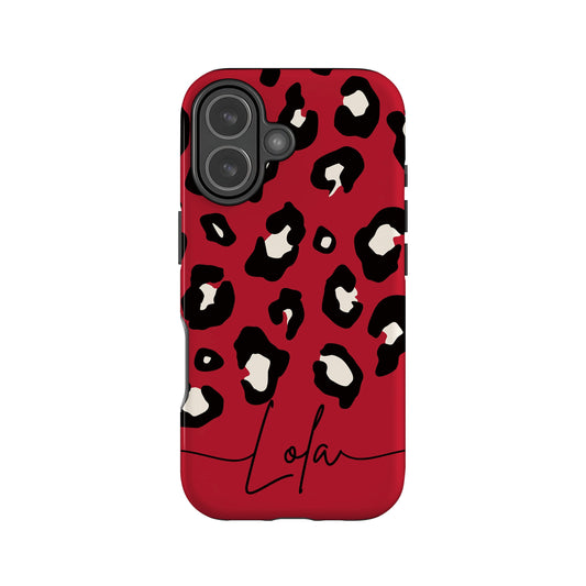 a red case with a leopard print pattern and the name "Lola" written on it.