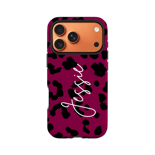 A phone case with a leopard print pattern and the name " Jessie" printed on it.