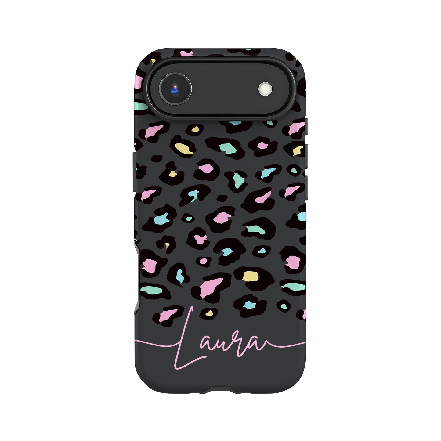 a phone case with a leopard print design and the name "Lauren" written on it.