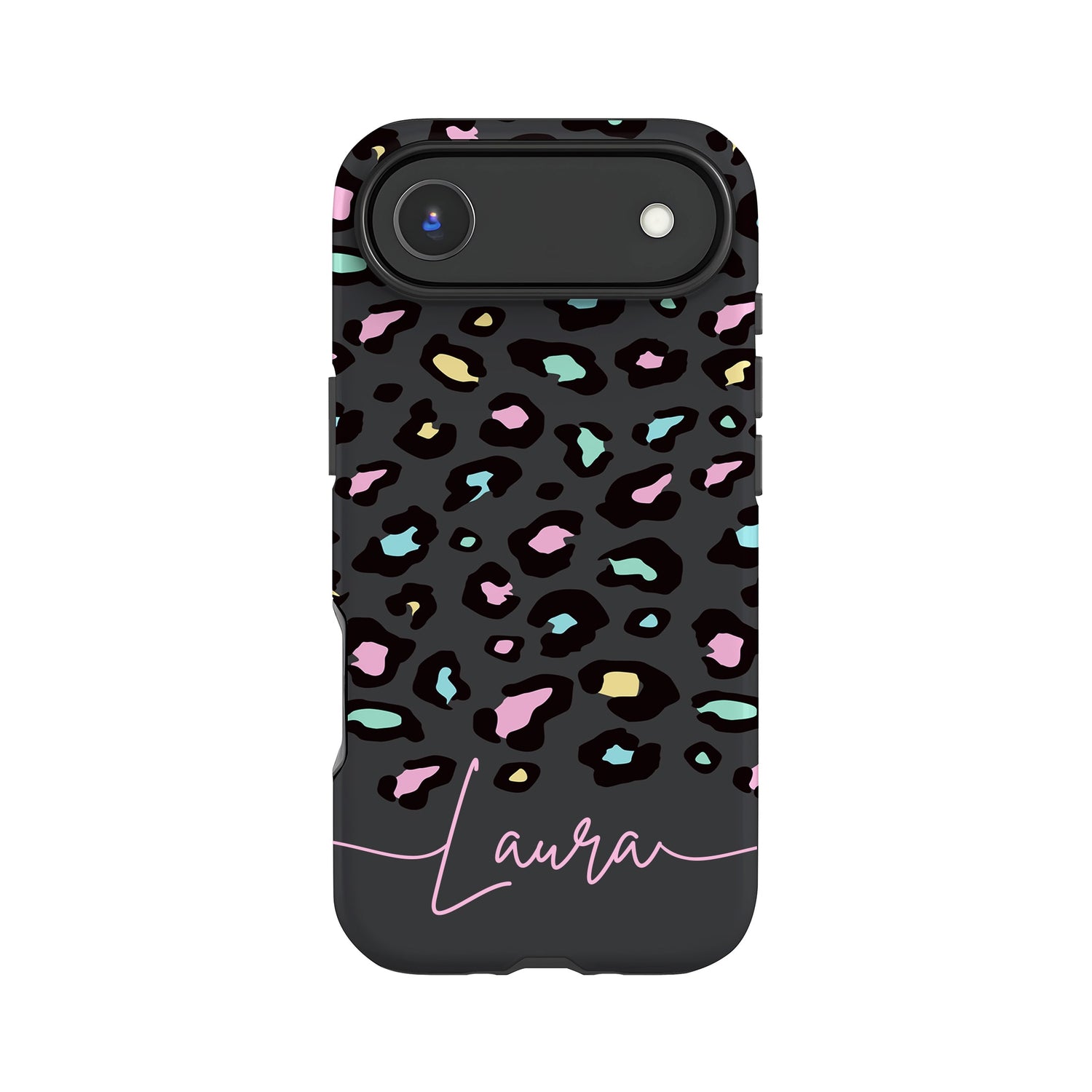 a phone case with a leopard print design and the name "Lauren" written on it.