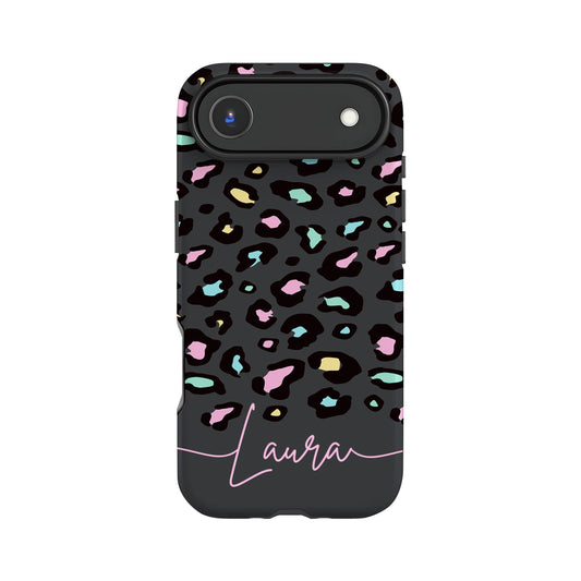 a phone case with a leopard print design and the name "Lauren" written on it.