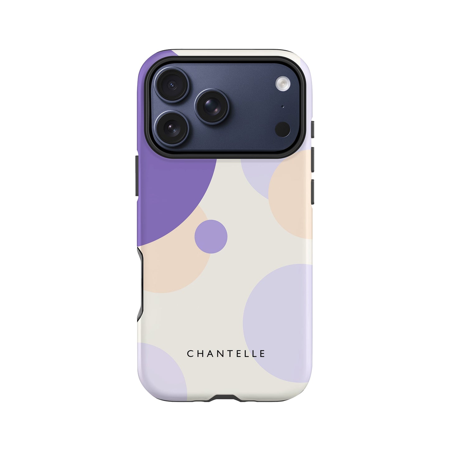 a phone case with a purple and white color scheme, and it has a camera lens attached to the back.