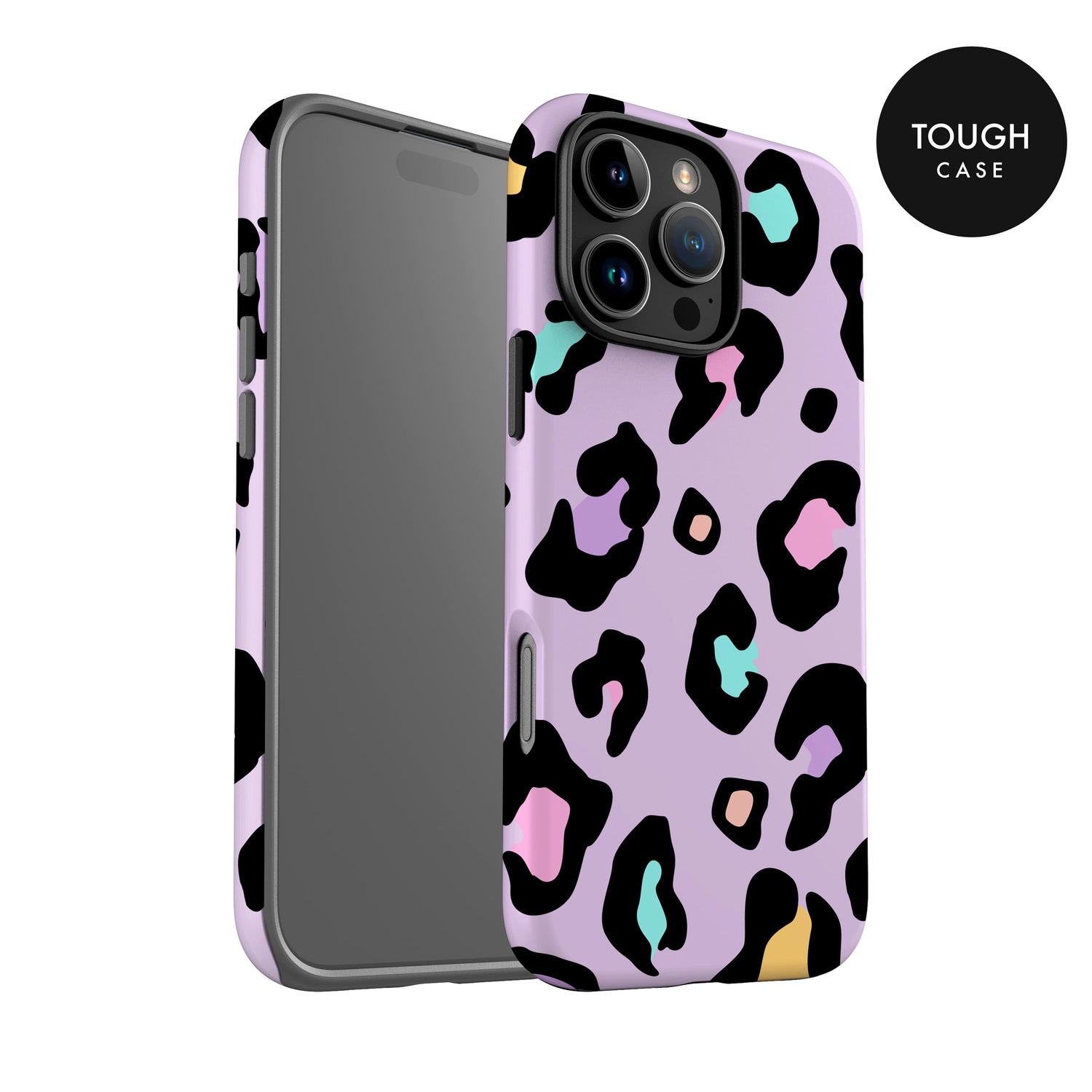 a phone case with a leopard print pattern in shades of purple and black.