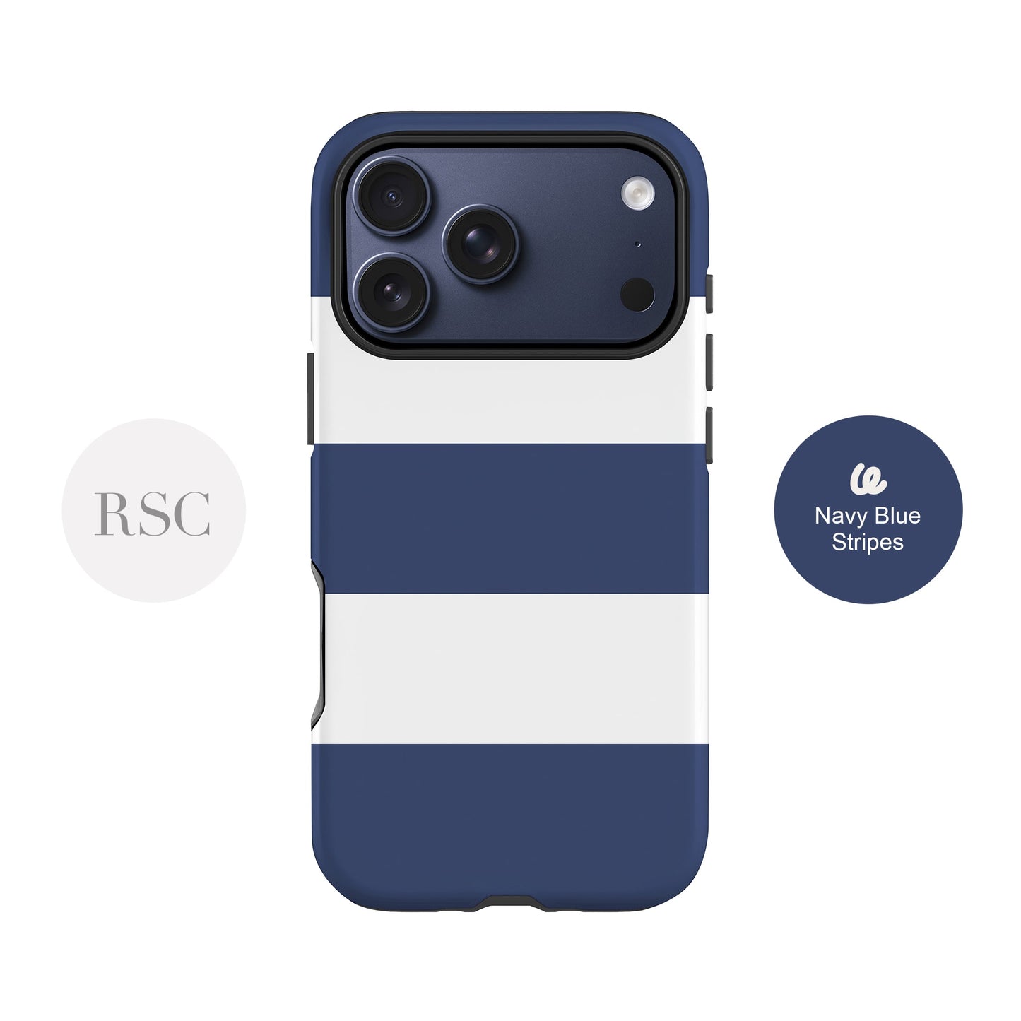 a navy blue and white striped phone case with a camera lens on the back.