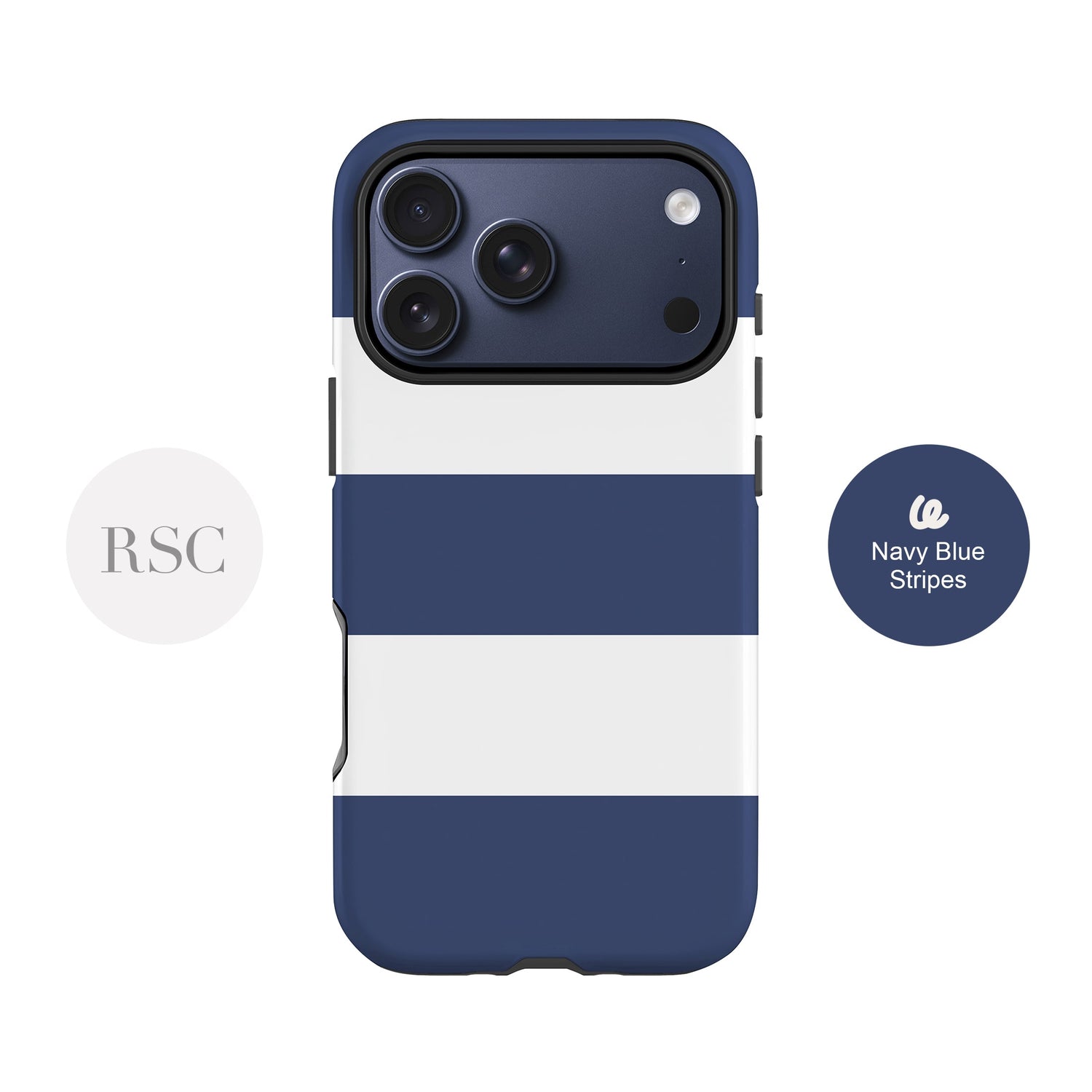 a navy blue and white striped phone case with a camera lens on the back.