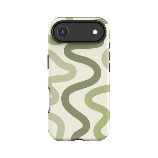 a phone case with a camouflage pattern of green and white wavy lines.