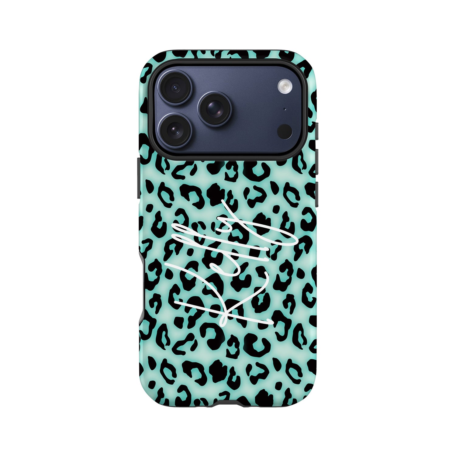 A turquoise and black leopard print case with a camera lens attached to the top.