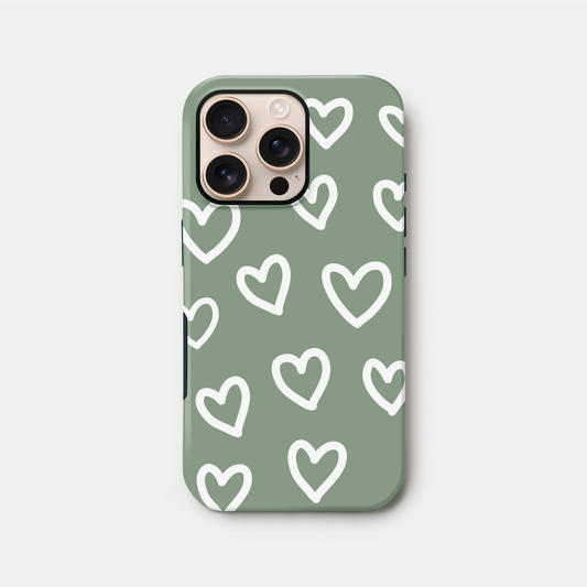 Olive Green Heart Doodle Case iPhone 16 Phone Case