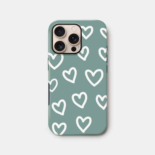 Muted Teal Heart Doodle Case iPhone 16 Phone Case