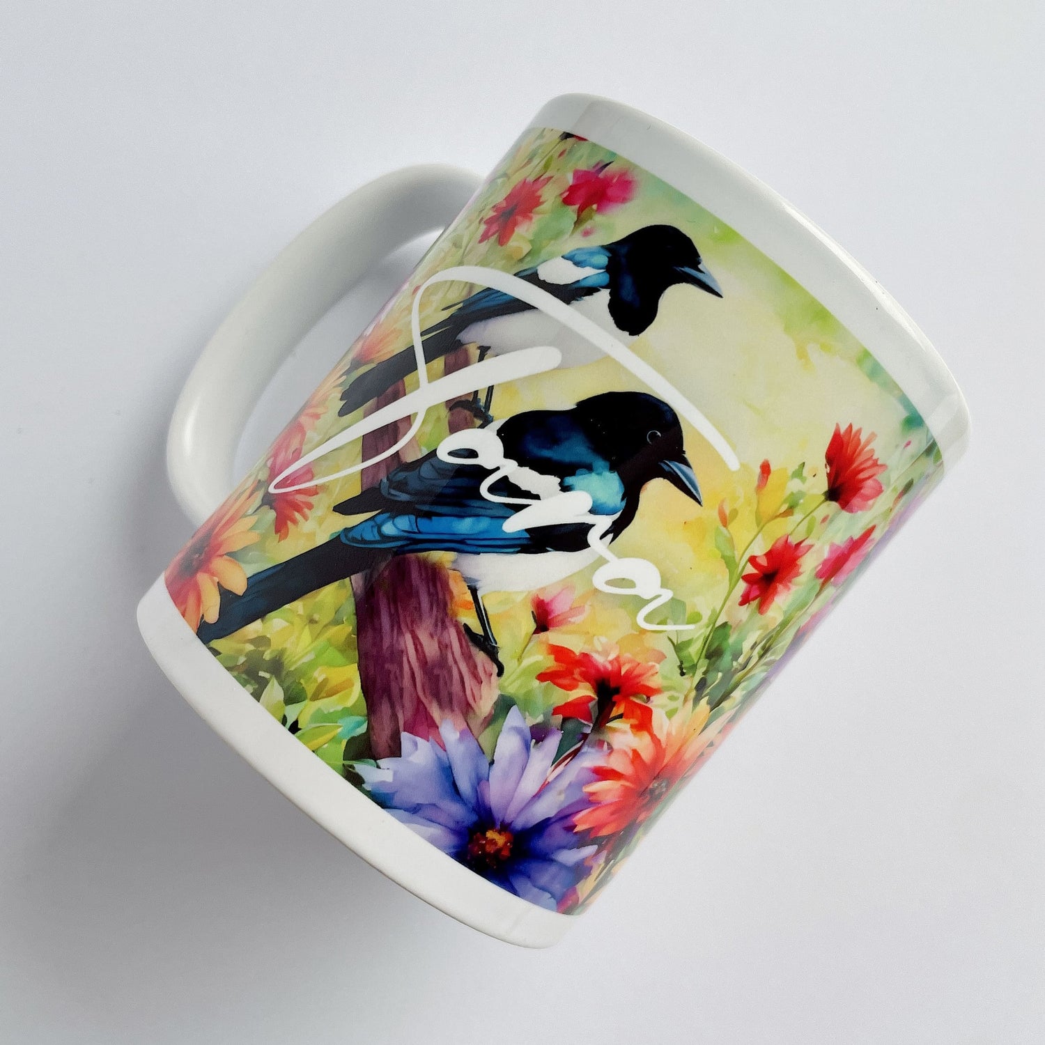 Personalised Magpie Art Mug and Coaster Gift Set  Mug