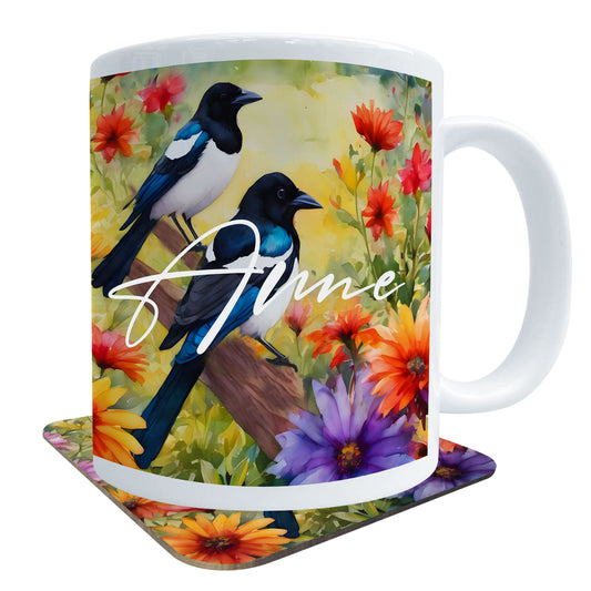 Personalised Magpie Art Mug and Coaster Gift Set
