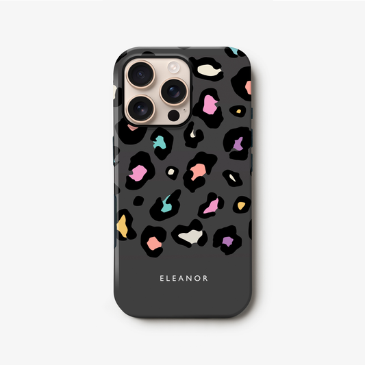 Rainbow Grey Leopard Spots Custom Name Case iPhone 16 Phone Case