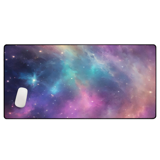 A large pastel space print desk & gaming mat
