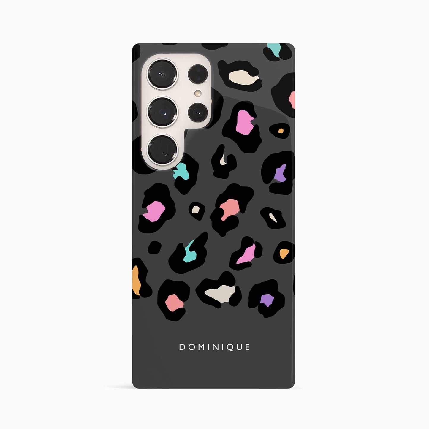 Rainbow Grey Leopard Spots Custom Name Case Samsung Galaxy S24 Ultra Phone Case