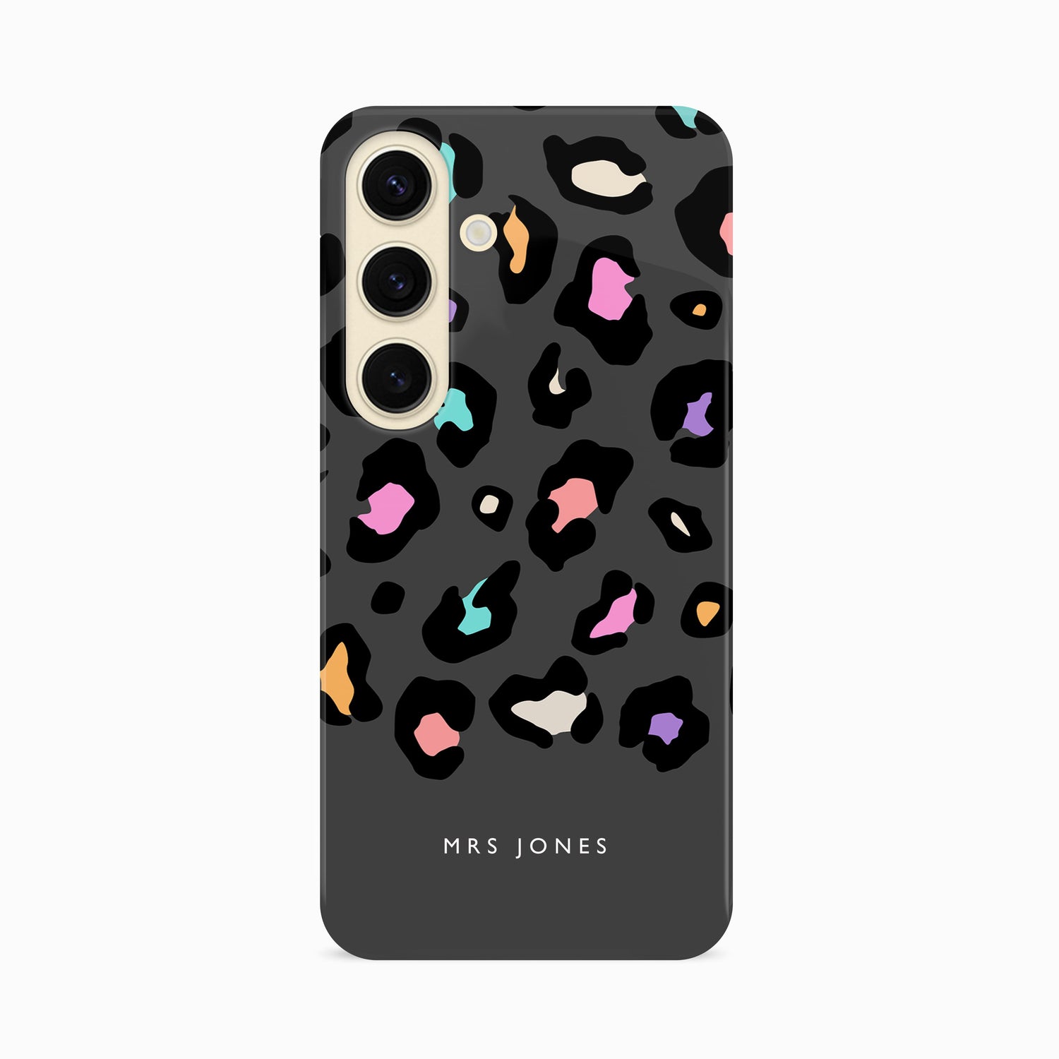 Rainbow Grey Leopard Spots Custom Name Case Samsung Galaxy S24 Phone Case
