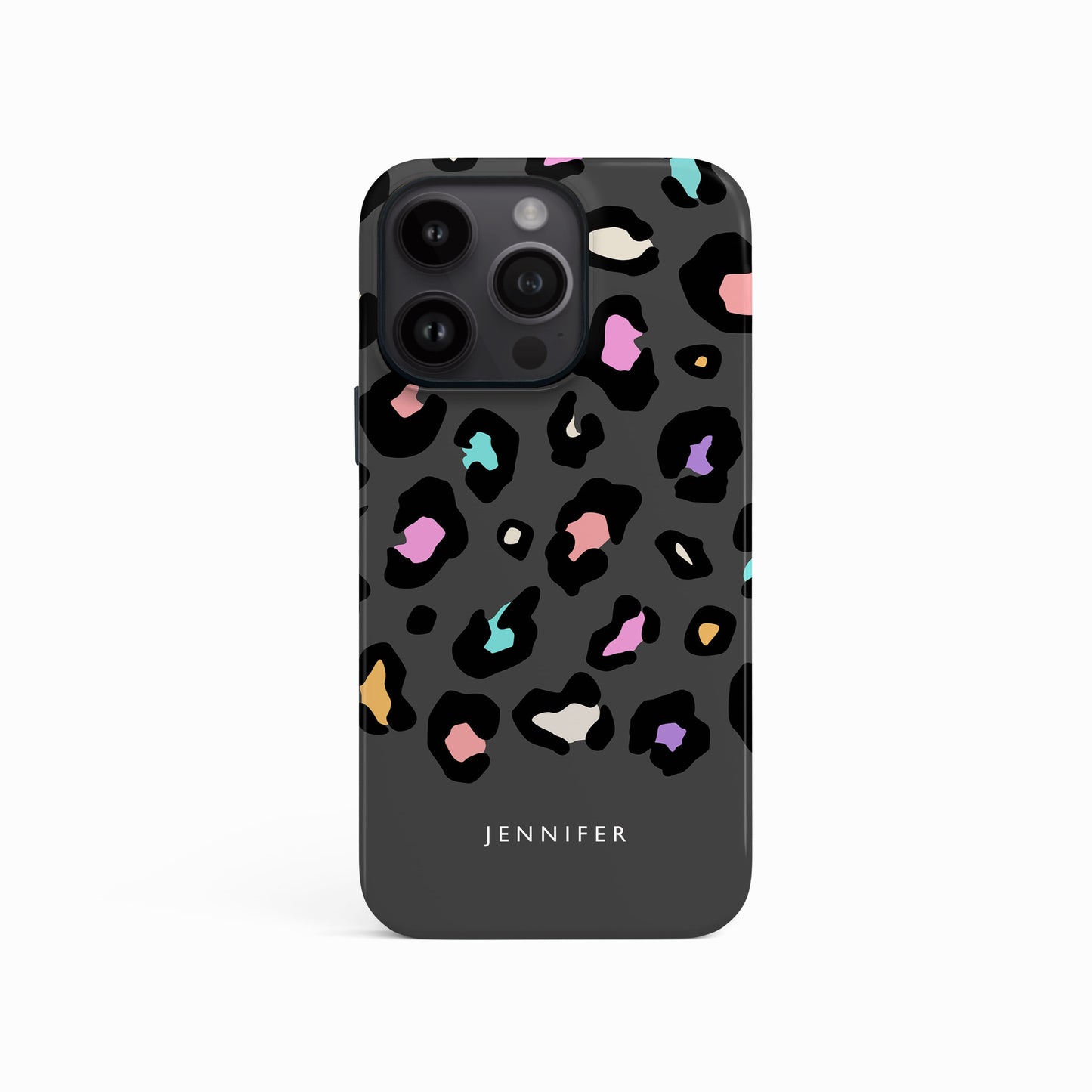 Rainbow Grey Leopard Spots Custom Name Case iPhone 15 Phone Case