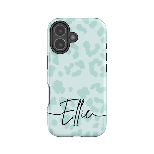 Personalised Teal Blue Leopard Print Case iPhone 17 Phone Case