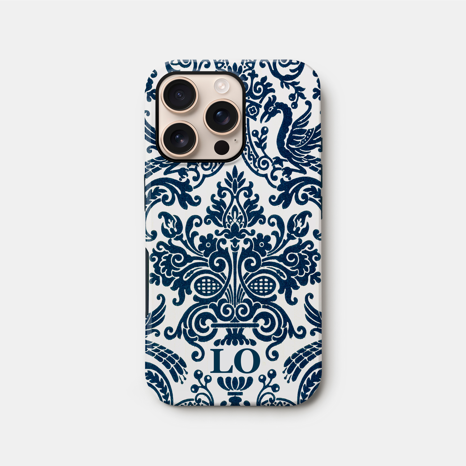Personalised Navy Damask Floral Case iPhone 16 Phone Case