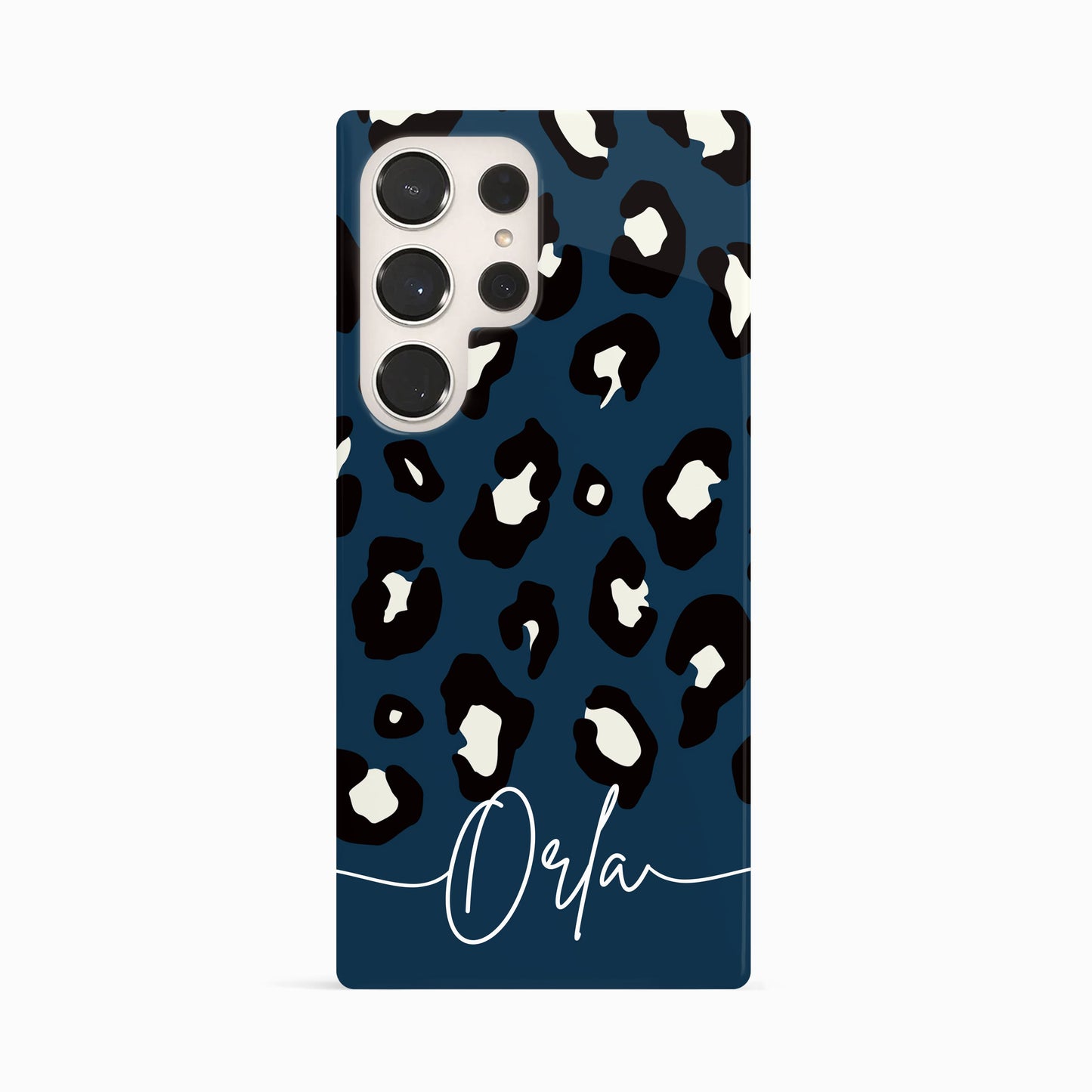 Dark Blue Custom Name Leopard Print Pattern Phone Case Samsung Galaxy S23 Ultra Phone Case