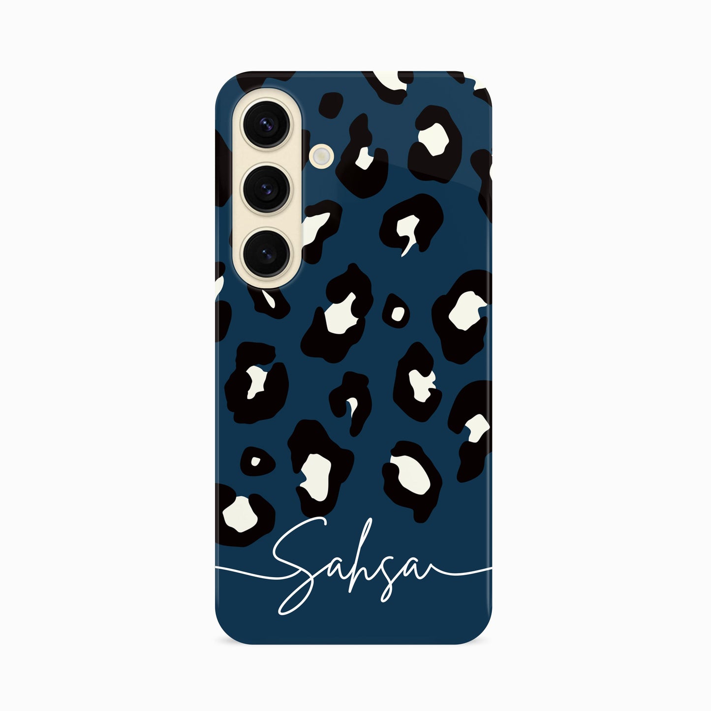 Dark Blue Custom Name Leopard Print Pattern Phone Case Samsung Galaxy S24 Phone Case