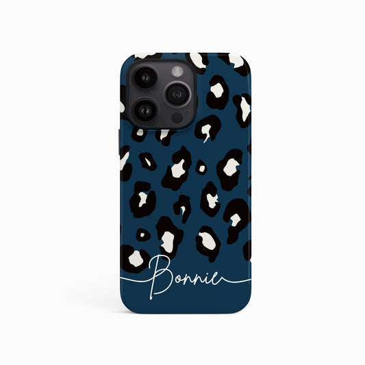 Dark Blue Custom Name Leopard Print Pattern Phone Case iPhone 15 Phone Case