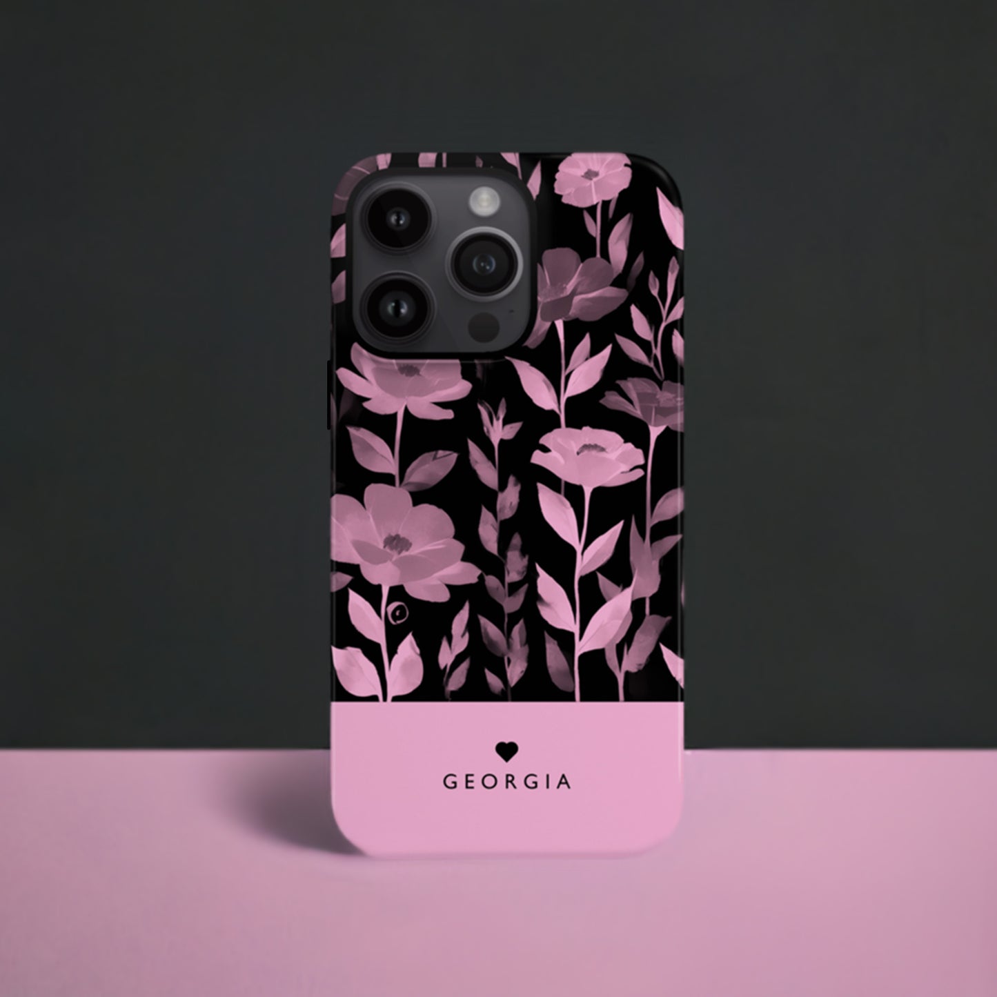 Personalised Black Pink Floral Print Case iPhone 15 Phone Case