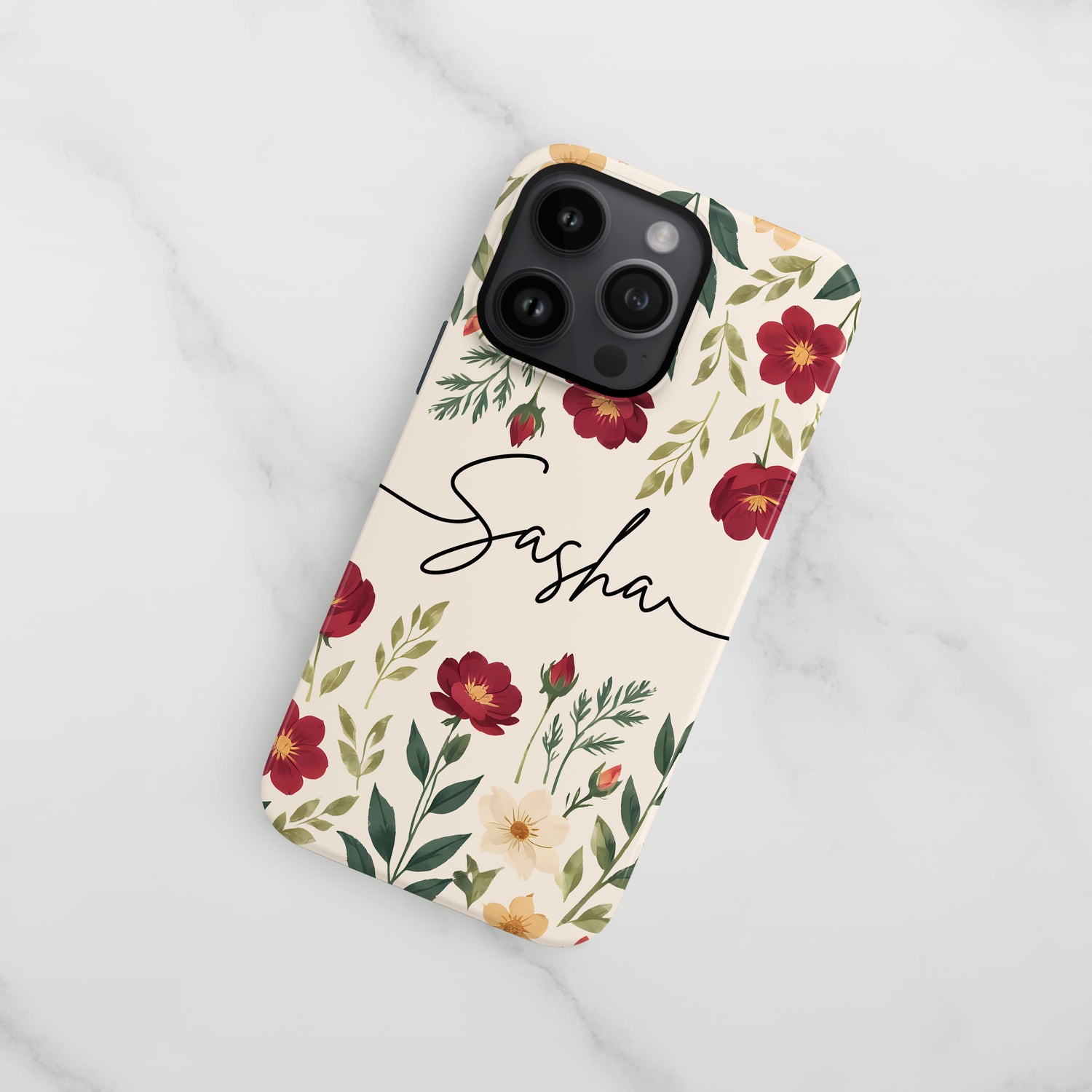 Personalised Cream Floral Print Case iPhone 15 Phone Case