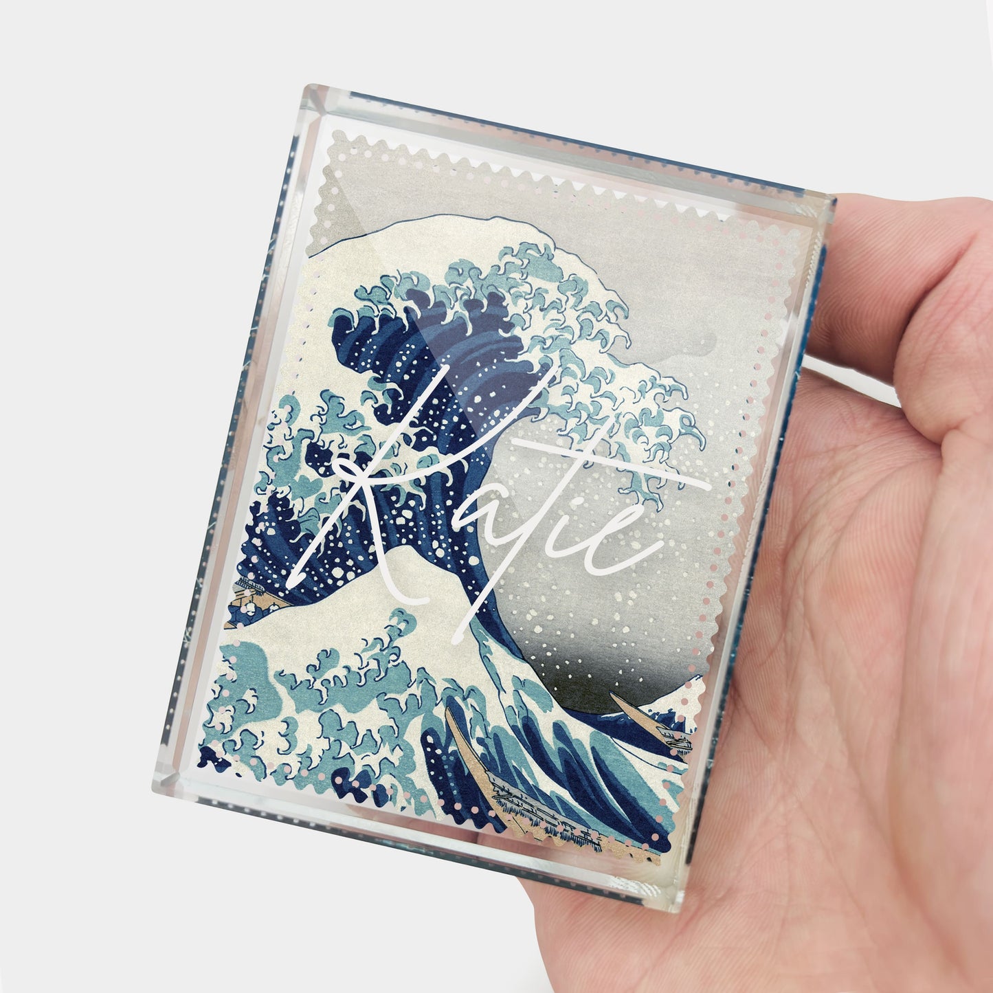 Great Wave Personalised Japanese Glass Art Block Ornament