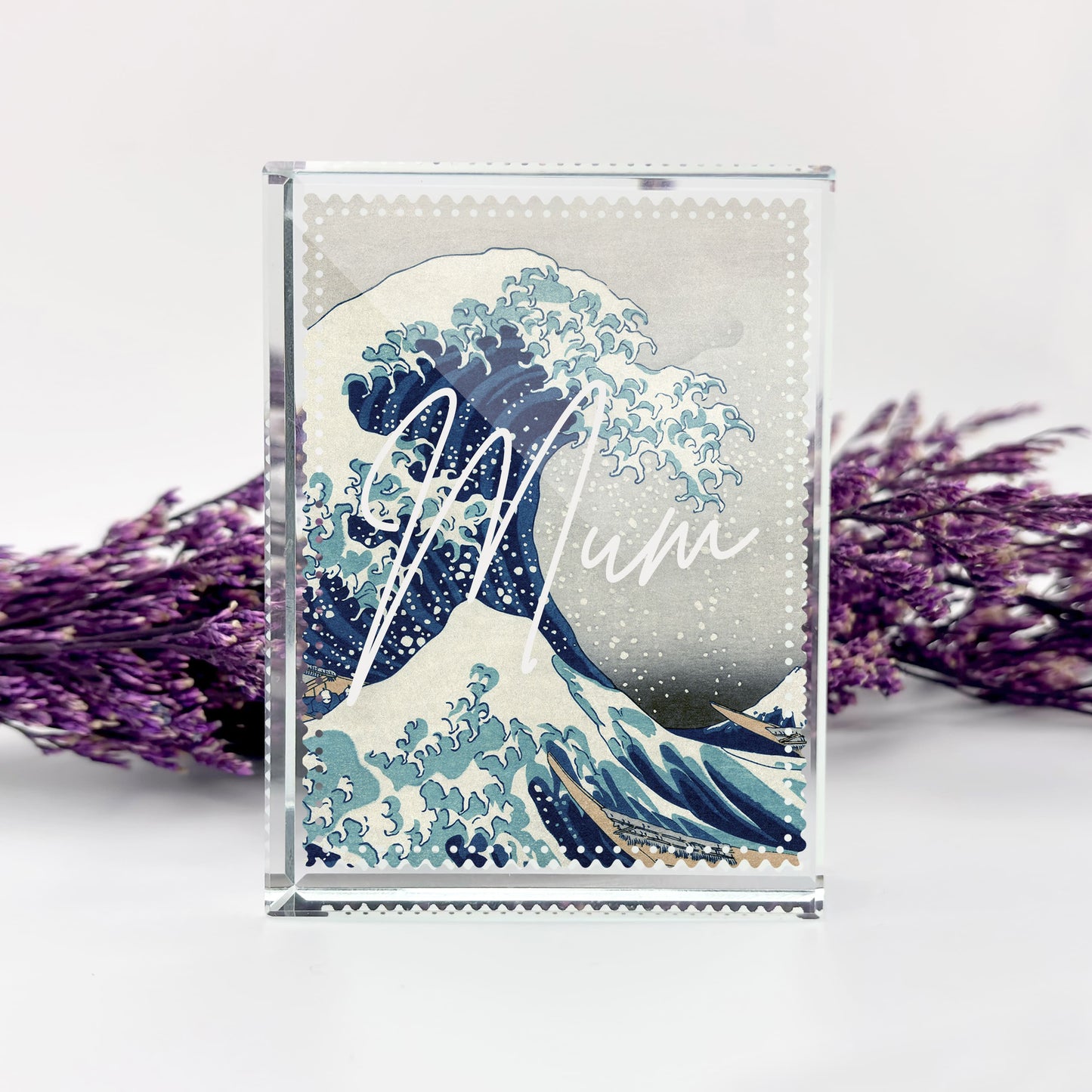 Great Wave Personalised Japanese Glass Art Block Ornament