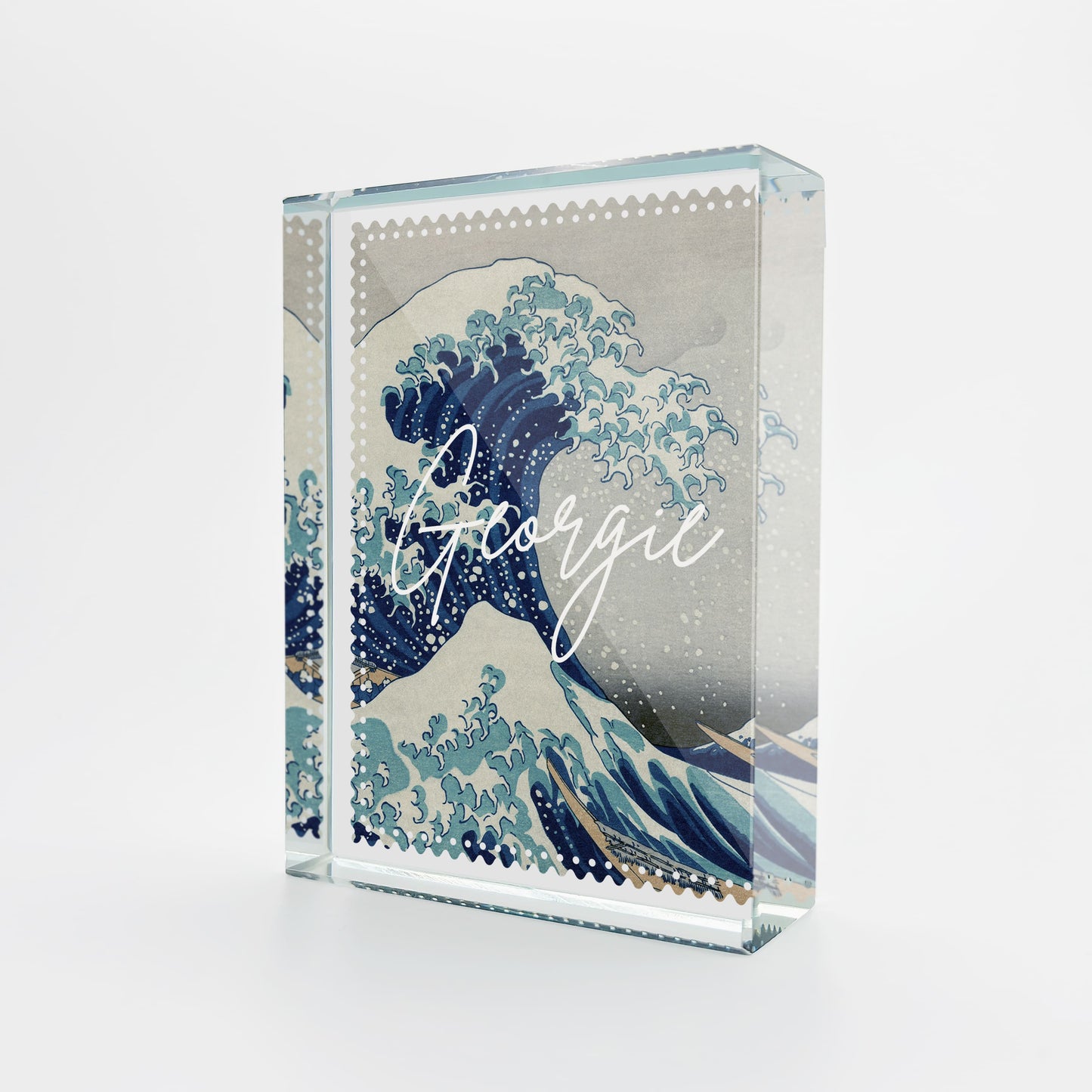 Great Wave Personalised Japanese Glass Art Block Ornament