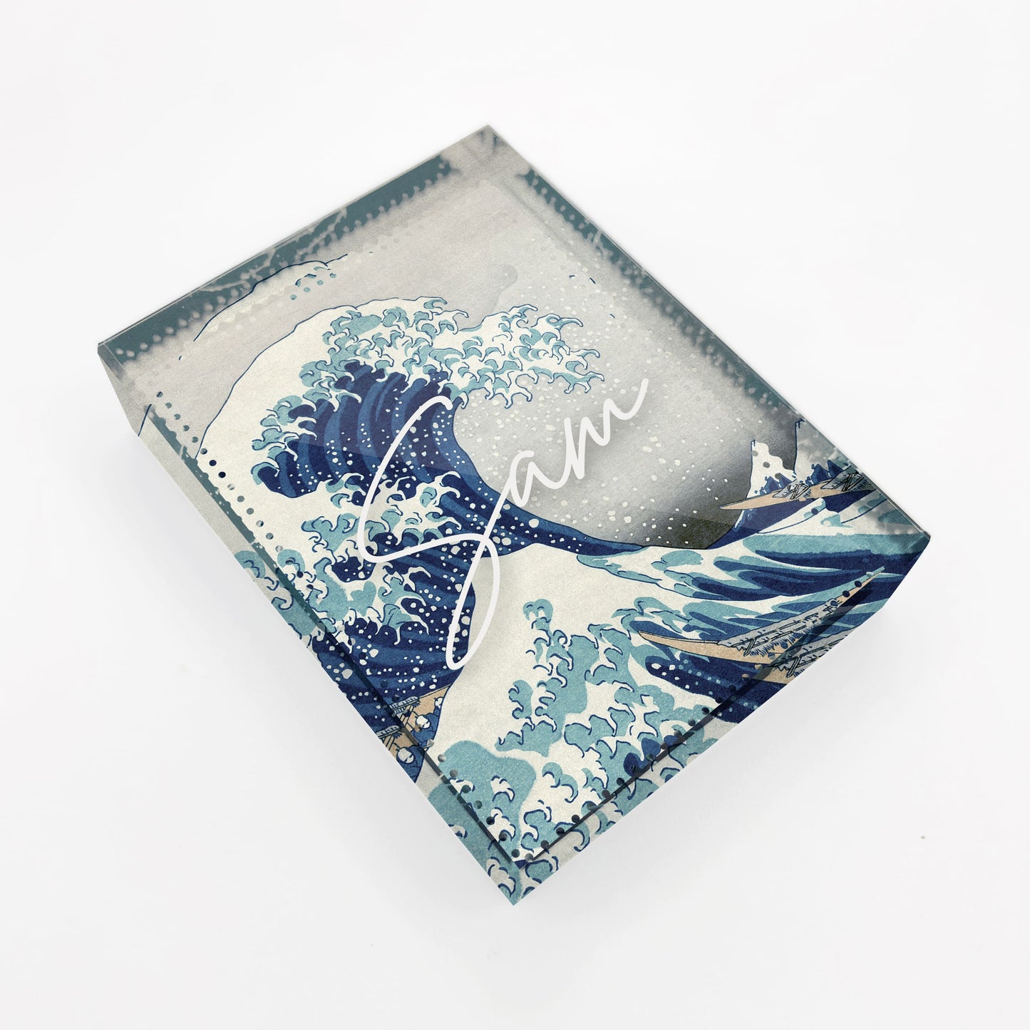 Great Wave Personalised Japanese Glass Art Block Ornament