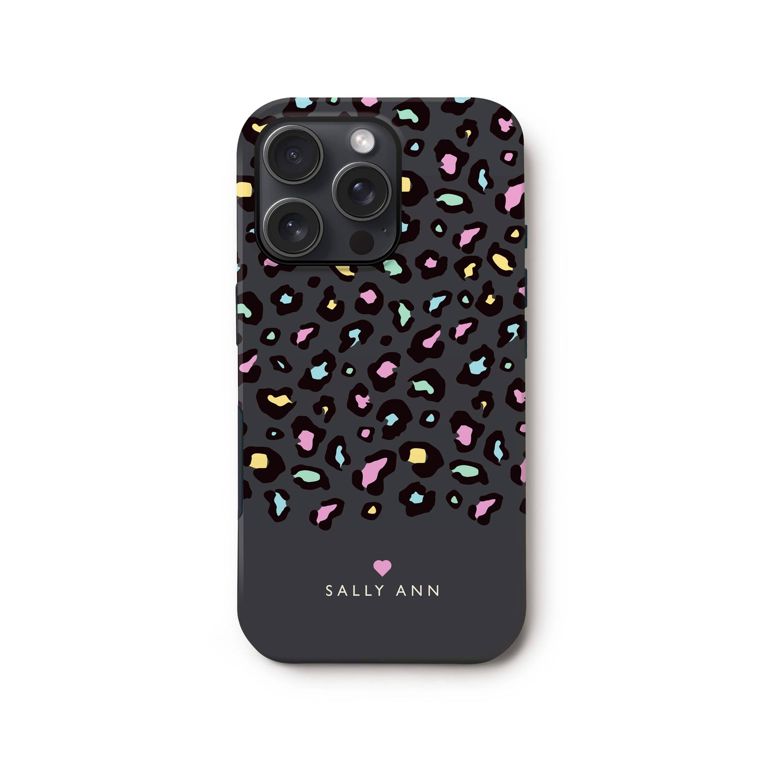 Personalised Grey Rainbow Leopard Print Spot Case iPhone 16 Phone Case